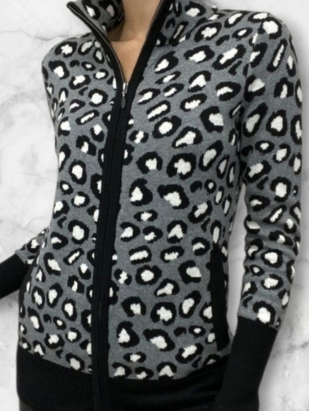 Rachel Zoe Leopard Zip Cardigan Chic Neutral Layering M